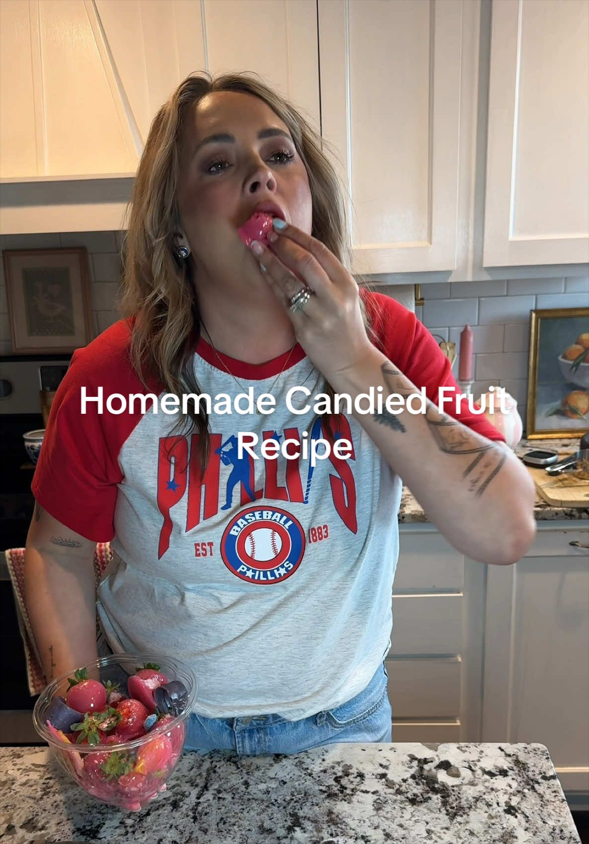 Homemade Candied Fruit  🍓🍇🥝🍊 Recipe: Wash your fruit with baking soda and vinegar  Dry completely  Use a skewer or toothpick to poke through the stem Crush up hard candy of choice  In a pot add 2 cups of sugar, 1/2 cup of water, and a 1/4 cup of light corn syrup & stir Put on med heat until it is boiling at 250 degrees Once it hits 250 degrees, add in a full bottle of food flavoring oil A few drops of food coloring, and a few drops of white gel - DO NOT STIR  Once the temp hits 300 degrees, remove from heat and stir  Dip the fruit in and cover, place on parchment paper and immediately add crushed candy Enjoy 🍬🍬🍬 #candied #candiedgrapes #candiedfruit #recipesoftiktok #candiedfruits 