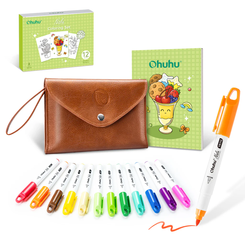 Ohuhu 12 Colors Mini Alcohol Markers Brush Tip - Nalu Travel Coloring