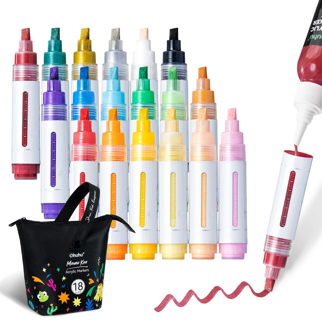 Ohuhu Acrylic Paint Markers 18 Colors Reversible Tip Jumbo Chisel ＆ Ro