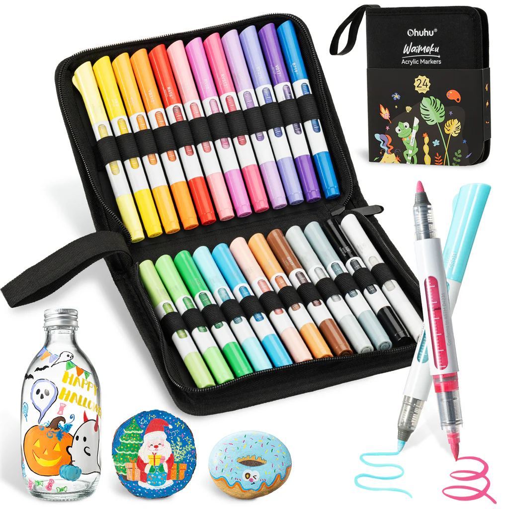 Ohuhu 24 Colors Brush & Bullet Automatic Ink Control Acrylic Markers -
